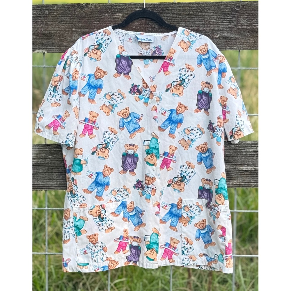 Vintage Angelica Teddy Bear Scrub Top Medical Nurse Doctor Print Button Front XL